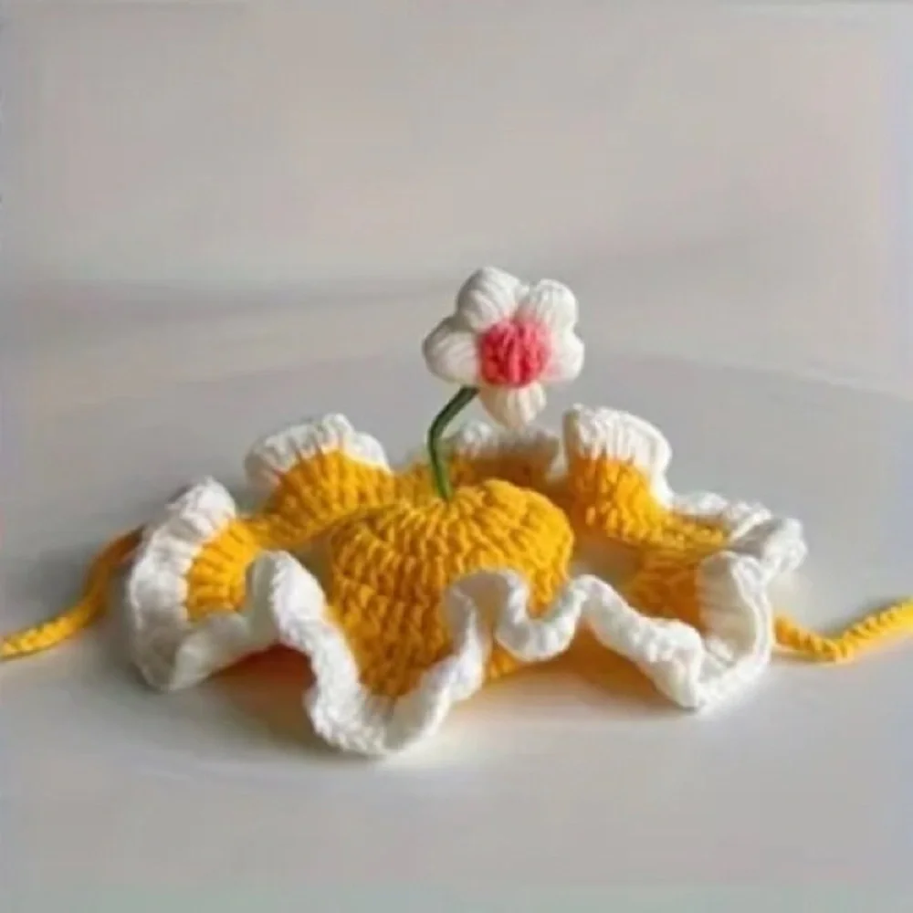 Cat or Dog Crochet Ruffle Sun Hat with Flower - Yellow and White